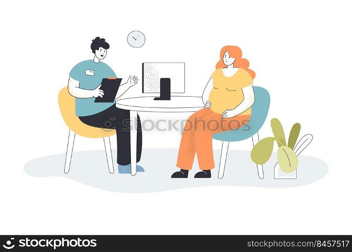 Doctor consulting pregnant woman in office. Gynecologist talking to female patient at hospital flat vector illustration. Pregnancy, medicine concept for banner, website design or landing web page