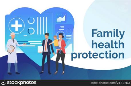 Doctor consulting young family at healthcare center vector illustration. Family practice center, exam, clinic. Family health protection concept. Creative design for presentations, templates, banners