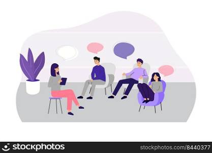 Doctor counseling people at group therapy flat vector illustration. Men and women in psychologist session talking about problems. Medical support and addiction and psychotherapy concept