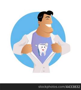 Doctor Dentist Character Design Flat. Doctor dentist character with painted teeth on a T-shirt under his robe. Care medical and uniform medicine and person professional physician medic. Happy doctor isolated. Vector illustration