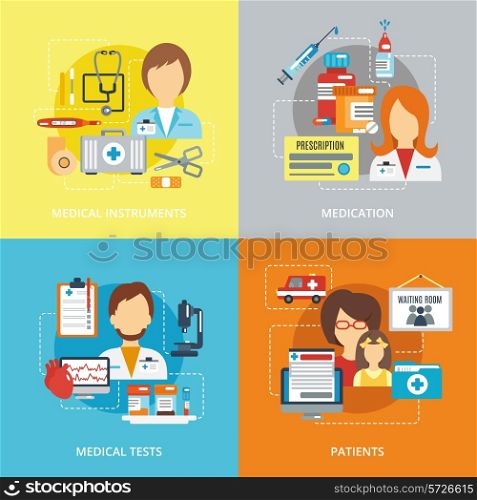 Doctor design concepts set with medical instruments medication tested patients flat icons isolated vector illustration