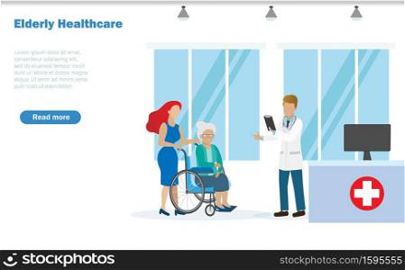 Doctor diagnosis of disabled patient woman on wheelchair. Rehabilitation and physiotherapy for Elderly concept. Idea for healthcare and medical service for senior or pensioner people.