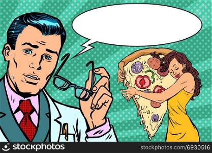 Doctor diet and woman with pizza. Comic book cartoon pop art retro vector illustration drawing. Doctor diet and woman with pizza