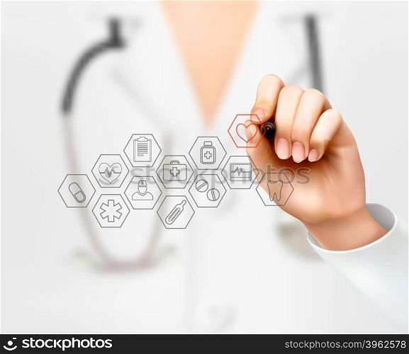 Doctor drawing medical icons. Concept of health. Vector.
