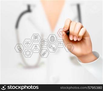 Doctor drawing medical icons. Concept of health. Vector.