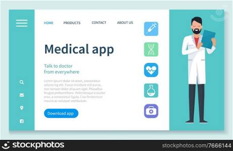 Doctor examine patient remotely. Physician consults people about diseases and medication through internet. Medical app website with navigation menu. Vector illustration of online medicine in flat. Online Medicine, Medical App on Computer, Website