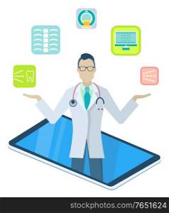 Doctor examine patients remotely. Physician consults people about diseases and medication through mobile app. Medical application on your smartphone. Vector illustration of online medicine in flat. Doctor in Medical App on Phone, Online Medicine