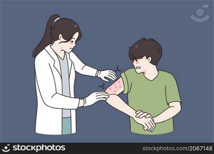 Doctor examine unhealthy boy with red spots or inflammation on arm. Nurse checkup guy with psoriasis or eczema on hand. Hospital seasonal allergy treatment. Healthcare. Flat vector illustration. . Doctor check guy with psoriasis on arm