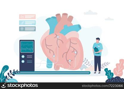 Doctor examines heart for diseases with medical equipment. Concept of cardiology and health care. Circulatory system checkup. Heartbeat diagram on monitor. Banner in trendy style. Vector illustration. Doctor examines heart for diseases with medical equipment. Concept of cardiology and health care. Circulatory system checkup