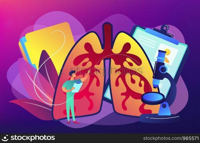 Doctor examines huge lungs and microscope. Obstructive pulmonary disease, chronic bronchitis and emphysema concept on white background. Bright vibrant violet vector isolated illustration. Obstructive pulmonary disease concept vector illustration.