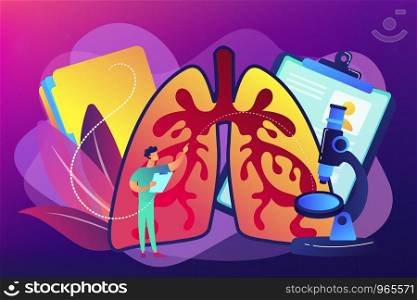 Doctor examines huge lungs and microscope. Obstructive pulmonary disease, chronic bronchitis and emphysema concept on white background. Bright vibrant violet vector isolated illustration. Obstructive pulmonary disease concept vector illustration.