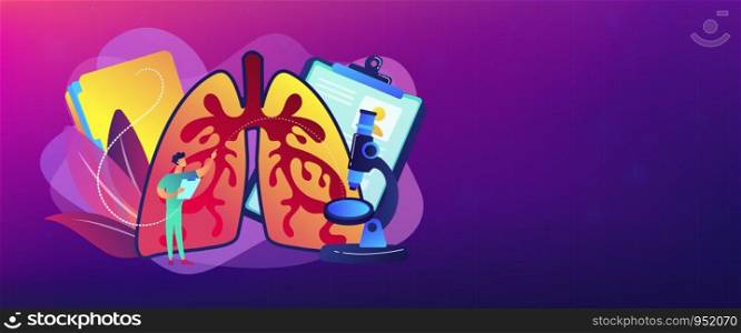 Doctor examines huge lungs desease and microscope. Obstructive pulmonary disease, chronic bronchitis and emphysema concept on white background. Header or footer banner template with copy space.. Obstructive pulmonary disease concept banner header.