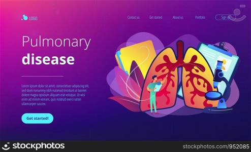 Doctor examines huge lungs desease and microscope. Obstructive pulmonary disease, chronic bronchitis and emphysema concept on white background. Website vibrant violet landing web page template.. Obstructive pulmonary disease concept landing page.