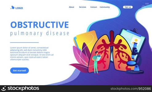 Doctor examines huge lungs desease and microscope. Obstructive pulmonary disease, chronic bronchitis and emphysema concept on white background. Website vibrant violet landing web page template.. Obstructive pulmonary disease concept landing page.