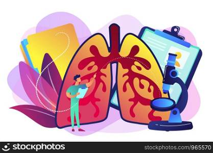Doctor examines huge lungs desease and microscope. Obstructive pulmonary disease, chronic bronchitis and emphysema concept on white background. Bright vibrant violet vector isolated illustration. Obstructive pulmonary disease concept vector illustration.