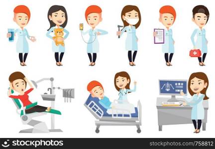 Doctor examining a radiograph. Doctor looking at a chest radiograph on computer screen. Doctor observing a skeleton radiograph. Set of vector flat design illustrations isolated on white background.. Vector set of doctor characters and patients.