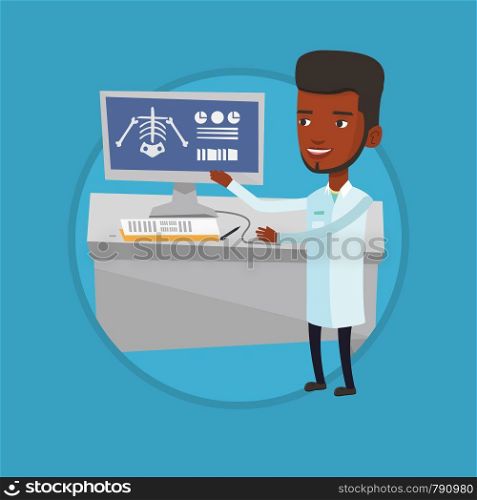 Doctor examining a radiograph. Doctor looking at a chest radiograph on computer screen. Doctor observing a skeleton radiograph. Vector flat design illustration in the circle isolated on background.. Doctor examining radiograph vector illustration.