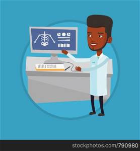 Doctor examining a radiograph. Doctor looking at a chest radiograph on computer screen. Doctor observing a skeleton radiograph. Vector flat design illustration in the circle isolated on background.. Doctor examining radiograph vector illustration.
