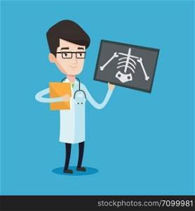 Doctor examining a radiograph. Young smiling doctor looking at a chest radiograph. Doctor observing a skeleton radiograph. Vector flat design illustration isolated on blue background. Square layout.. Doctor examining radiograph vector illustration.