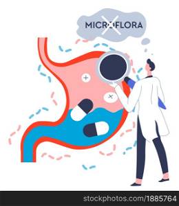 Doctor examining digestive system filled with pills. Microflora of patient, checkup of character. Gastroscopy and usage of prebiotics for health and healing. Research or treatment vector in flat. Examination or chekup of digestive system and microflora
