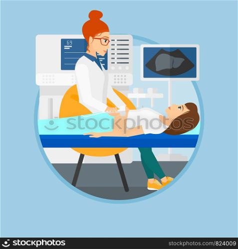 Doctor examining internal organs of a patient on the ultrasound. Doctor working on modern ultrasound equipment at medical office. Vector flat design illustration in the circle isolated on background.. Patient during ultrasound examination.