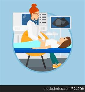 Doctor examining internal organs of a patient on the ultrasound. Doctor working on modern ultrasound equipment at medical office. Vector flat design illustration in the circle isolated on background.. Patient during ultrasound examination.