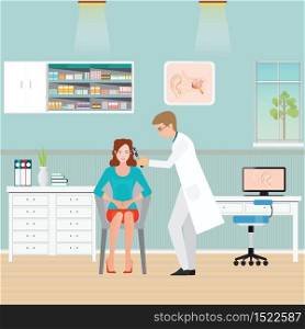 Doctor examining Patient ear with Otoscope , nose and throat clinic,office interior medical health care flat design vector illustration.