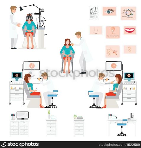 Doctor examining Patient with endoscope and Phoropter isolated on white, ophthalmic testing device machine, Ear nose and throat clinic,office interior medical health care conceptual vector illustration.
