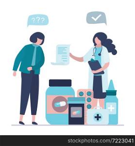 Doctor exams patient. Female character at doctor&rsquo;s appointment. Woman with sick stomach asking prescription for antibiotics and pills. Healthcare, medical help concept. Trendy flat vector illustration. Doctor exams patient. Female character at doctor&rsquo;s appointment. Woman with sick stomach asking prescription for antibiotics and pills.
