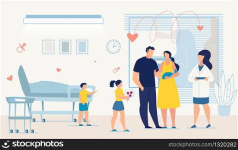Doctor, Father and Mother with Newborn Baby and Eldest Kids at Hospital Ward. Son and Daughter with Flower Bouquet Greeting Mom. Husband Hugging Wife. Woman Holding infant in Hand. Vector Illustration. Doctor, Happy Family and Newborn Baby at Ward