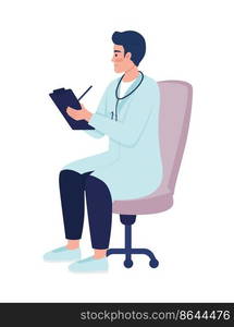 Doctor filling medical records semi flat color vector character. Editable figure. Full body person on white. Medicine simple cartoon style illustration for web graphic design and animation. Doctor filling medical records semi flat color vector character