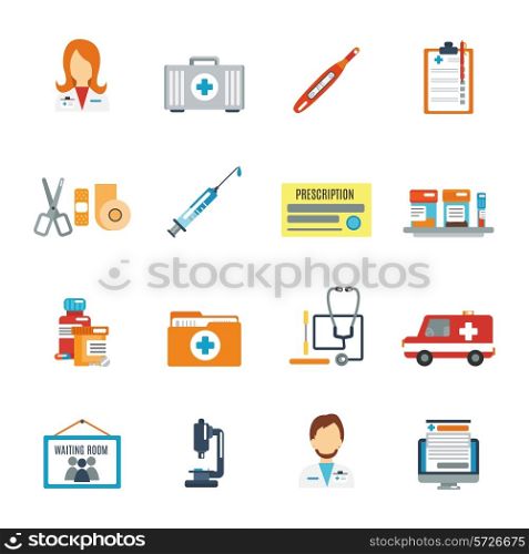 Doctor first aid icon flat set with pills thermometer syringe isolated vector illustration