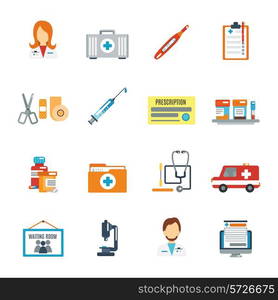 Doctor first aid icon flat set with pills thermometer syringe isolated vector illustration