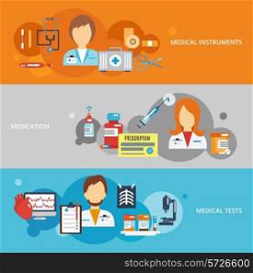 Doctor flat banner set with medical instruments medication tests elements isolated vector illustration