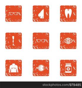 Doctor for body icons set. Grunge set of 9 doctor for body vector icons for web isolated on white background. Doctor for body icons set, grunge style