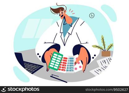 Doctor from hospital holds pills talking about drug options for treating diseases, stands at table with laptop. Man works as doctor or pharmacist in pharmacy selling drugs and antibiotics. Doctor holds pills talking about drug options for treating diseases, stands at table with laptop