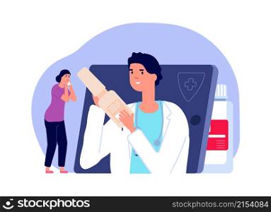 Doctor give medication to patient. Online pharmacy, internet consultation. Sick sad woman and remote medical help vector illustration. Medication online and medical online drugstore. Doctor give medication to patient. Online pharmacy, internet consultation. Sick sad woman and remote medical help vector illustration