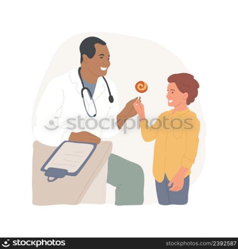 Doctor gives reward isolated cartoon vector illustration Doctor gives a candy to a child, smiling kid receives reward after procedure, pediatric clinic visit, young patient vector cartoon.. Doctor gives reward isolated cartoon vector illustration