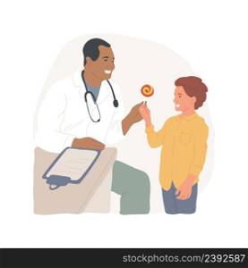 Doctor gives reward isolated cartoon vector illustration Doctor gives a candy to a child, smiling kid receives reward after procedure, pediatric clinic visit, young patient vector cartoon.. Doctor gives reward isolated cartoon vector illustration