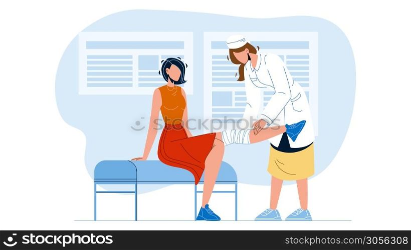 Doctor Giving Physiotherapy To Patient Vector. Nurse Bandaging Leg With Elastic Bandage, Medical Physiotherapy. Characters Physical Therapy In Hospital Cabinet Flat Cartoon Illustration. Doctor Giving Physiotherapy To Patient Vector