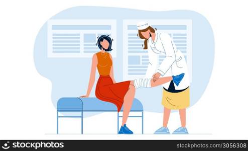 Doctor Giving Physiotherapy To Patient Vector. Nurse Bandaging Leg With Elastic Bandage, Medical Physiotherapy. Characters Physical Therapy In Hospital Cabinet Flat Cartoon Illustration. Doctor Giving Physiotherapy To Patient Vector