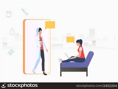 Doctor going out of mobile phone to woman using laptop vector illustration. Healthcare application, psychologist, online doctor. Medical app concept. Creative design for layouts, web pages, banners