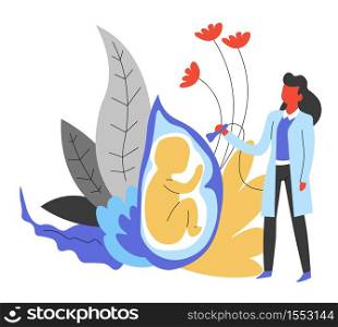 Doctor gynecologist and pregnancy medicine isolated abstract icon vector baby in uterus ultrasound medical diagnostic healthcare and treatment woman in robe with tool unborn child development. Medicine doctor gynecologist and pregnancy isolated abstract icon