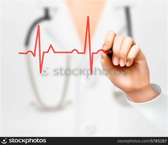 Doctor hand drawing cardiogram. Vector