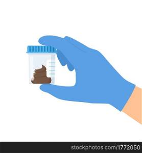Doctor Hand holding test stool in plastic jars. Medical background, advertising websites. Laboratory research. Equipment for analysis. Vector illustration in flat style. Doctor Hand holding test