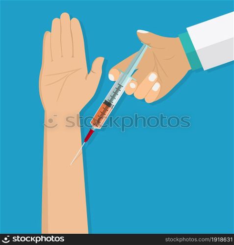 Doctor hand with syringe making vaccination of patient. Healthcare, hospital and medical diagnostics. Vector illustration in flat style. Doctor hand with syringe