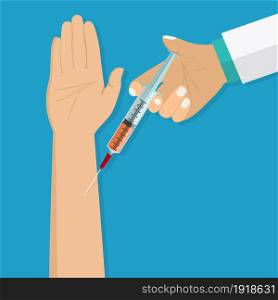 Doctor hand with syringe making vaccination of patient. Healthcare, hospital and medical diagnostics. Vector illustration in flat style. Doctor hand with syringe