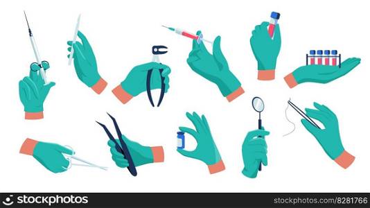 Doctor hands. Medical worker in sterile rubber gloves with syringe and therapeutic tools, healthcare vaccination disease treatment concept. Vector set of medical latex rubber protective illustration. Doctor hands. Medical worker in sterile rubber gloves with syringe and therapeutic tools, healthcare vaccination disease treatment concept. Vector set