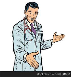 doctor handshake, medicine and health care. Pop art retro vector illustration. doctor handshake, medicine and health care