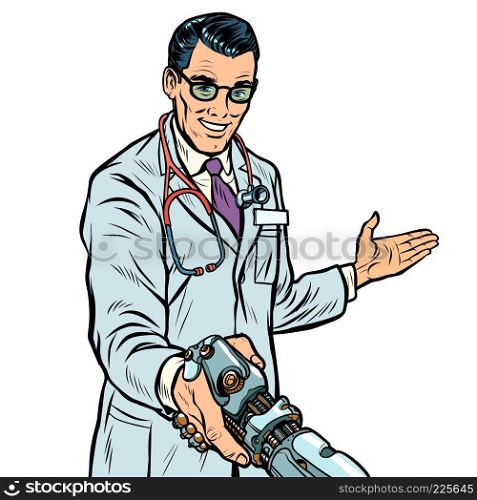 doctor handshake to robot, medicine and health care. Prosthesis bioprosthesis. Pop art retro vector illustration. doctor handshake to robot, medicine and health care. Prosthesis 